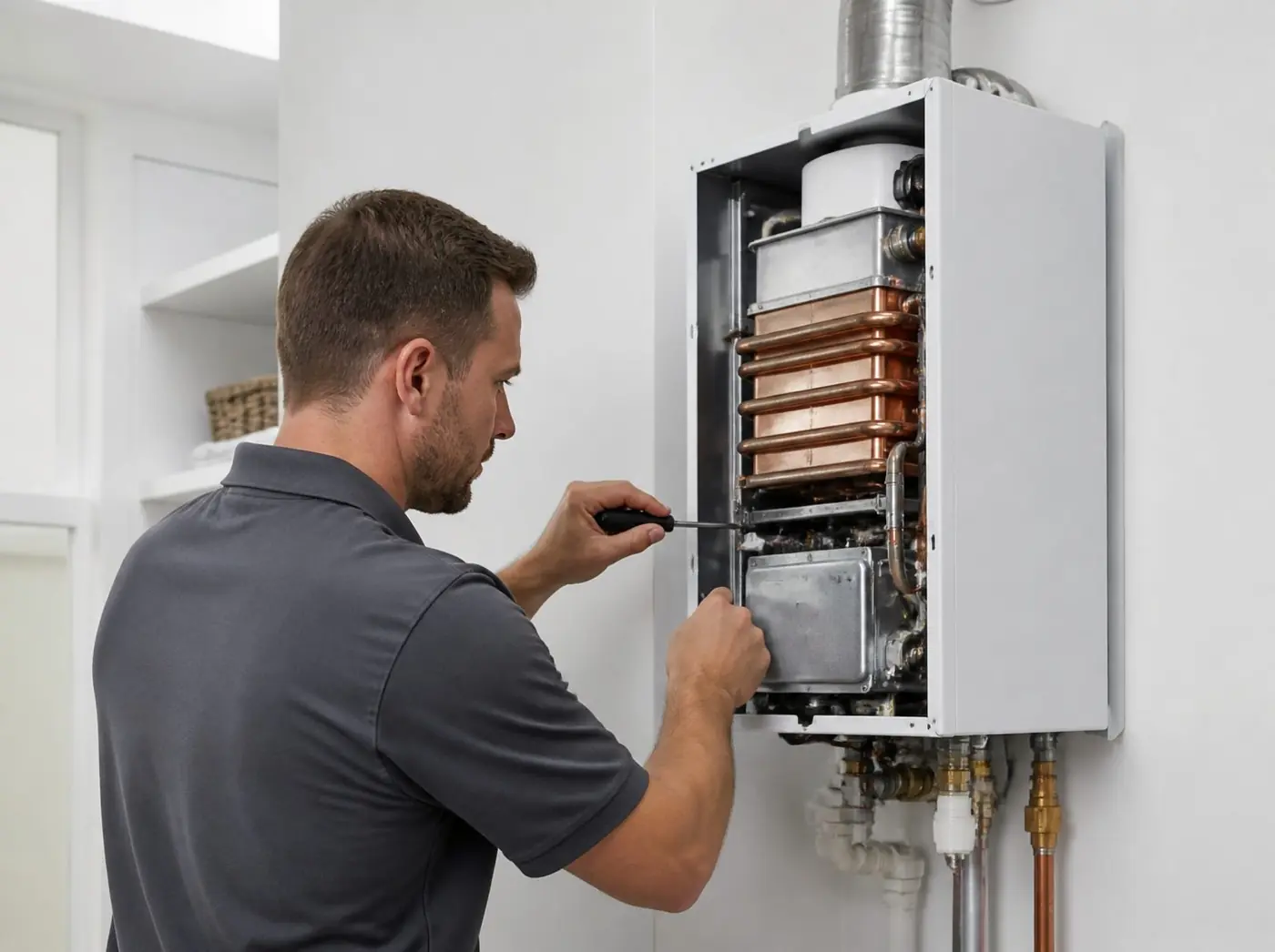 Technician servicing a gas water heater