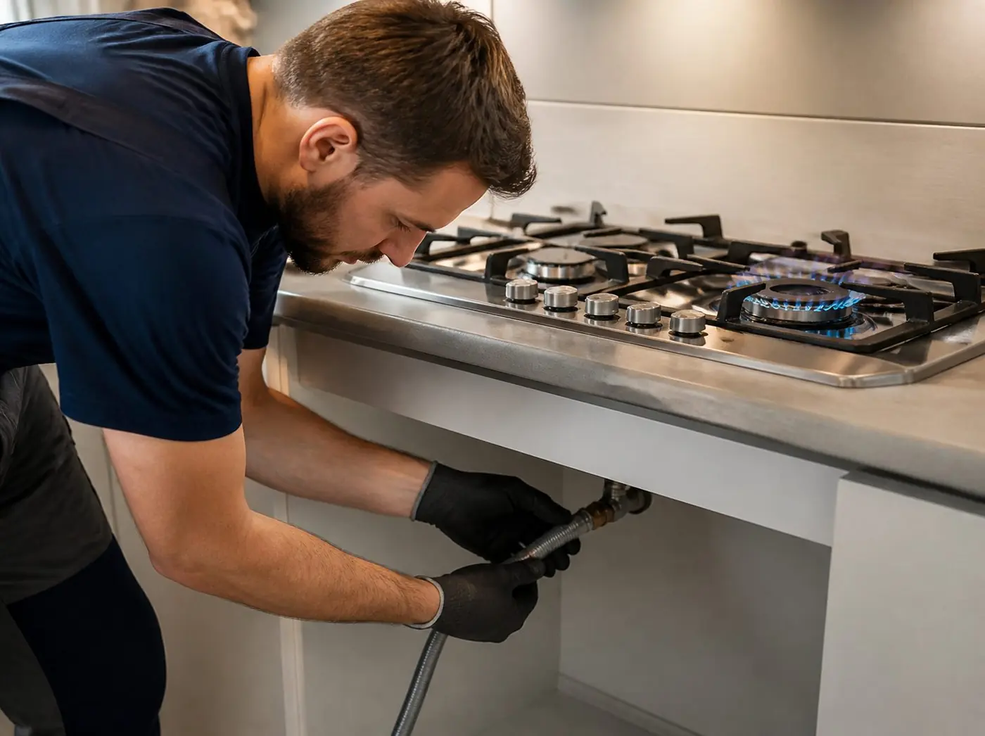 Technician connecting a gas hob in a kitchen