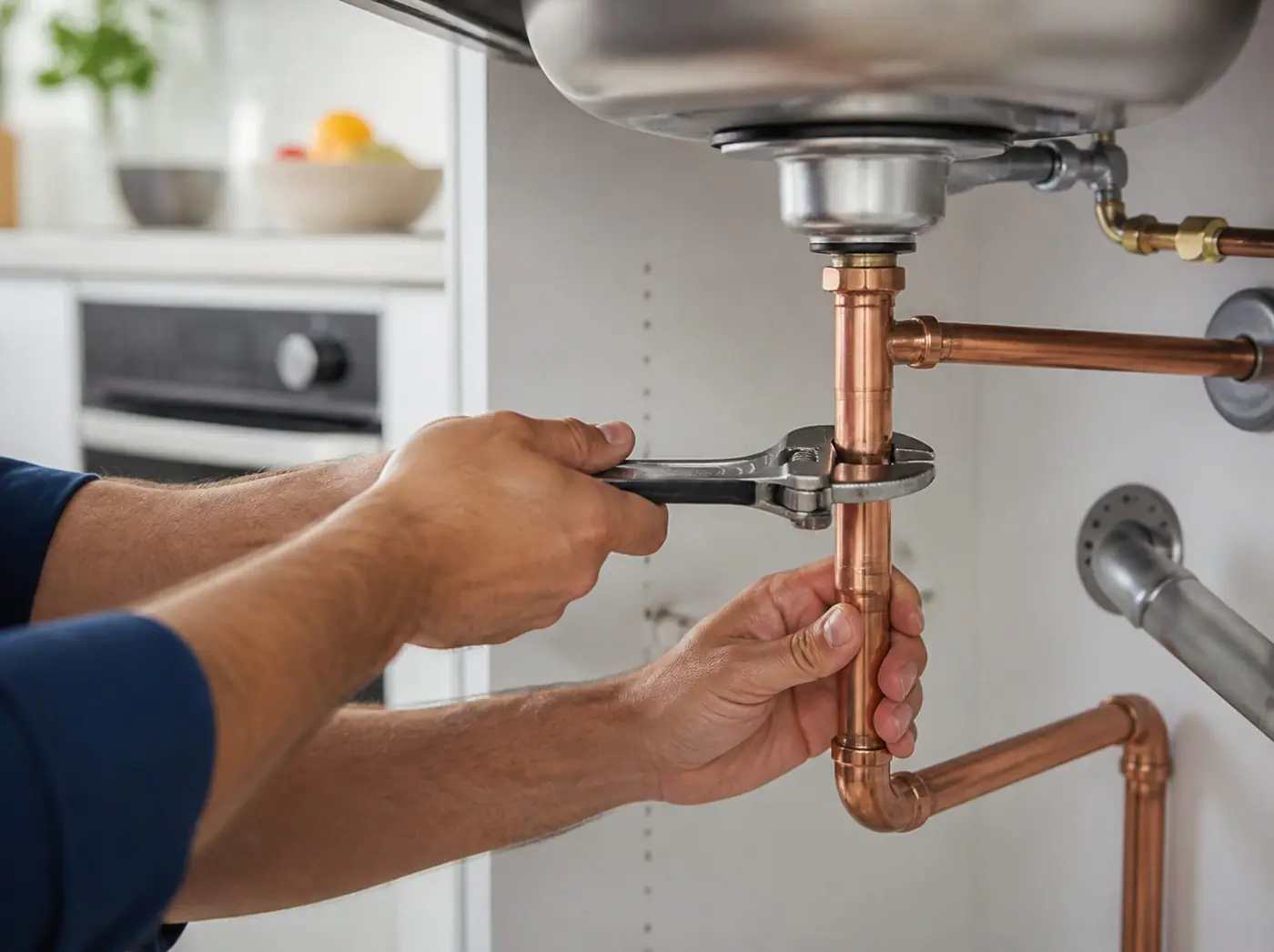 Plumber fitting copper pipes under a kitchen sink